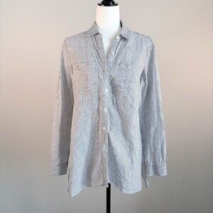 Jones New York 100% Linen Tunic Blouse Coastal Chic White Gray Stripe Small